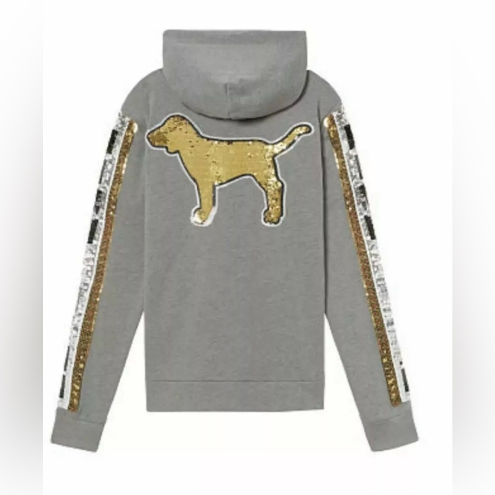 VS PINK FULL ZIP PERFECT HOODIE SWEATSHIRT MEGA BLING GOLD PUP DOG LOGO HTF MED